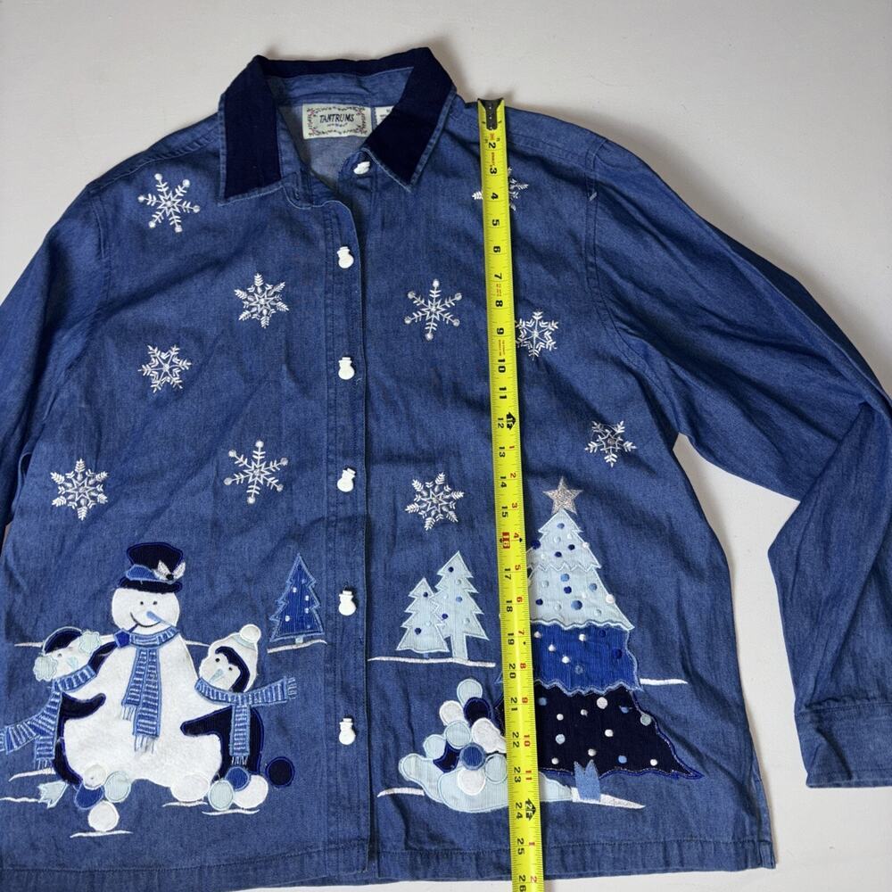 Vintage Christmas Denim Shirt Tantrums Button Up Size XL Snowmen Chambray NWOT - Picture 4 of 6